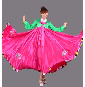Green fuchsia hot pink patchwork long sleeves big swing traditional korean style loose folk dance cos play stage performance costumes outfits dresses kimono